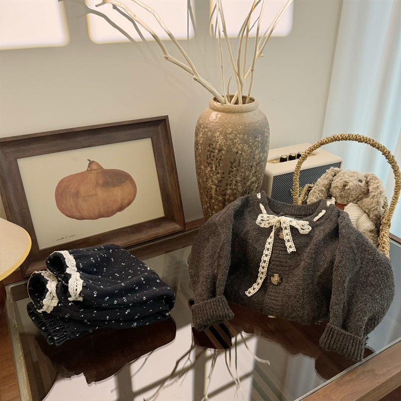 Korean-style Baby Ruffled Forest-themed Knit Sweater Autumnwinter Lace-trimmed Tie-up Sweater For Little Girls