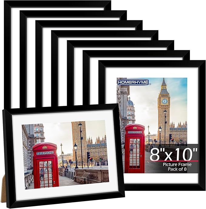 HOMERHYME 8x10 Picture Frame Set of 8, Black Photo Frames for Tabletop or Wall Display, Fits Pictures 5x7 with Mat or 8x10...