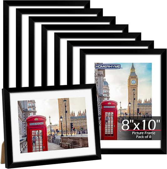 HOMERHYME 8x10 Picture Frame Set of 8, Black Photo Frames for Tabletop or Wall Display, Fits Pictures 5x7 with Mat or 8x10...