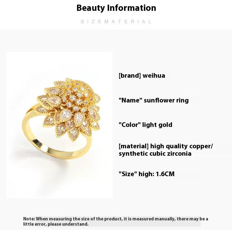 Flower Adjustable Open Gold Ring For Women, Trendy Elegant Unique Cubic Zirconia Enamel Front Open Floral Leaf Easter Jewelry Gift-flower