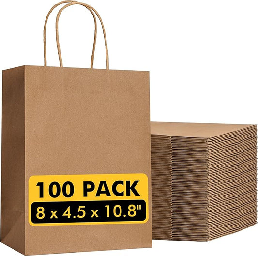RACETOP Brown Paper Bags with Handles Bulk 100Pcs 8x4.5x10.8 Inch Gift Bags Bulk, Brown Kraft Paper Bags for Retail, Part...