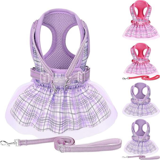 Dog Harness Dress, Plaid Dress with Leash Set, Summer Cute Pet Clothes,Girl Puppy Dresses for Girl Small Dogs, Chihuahua H...