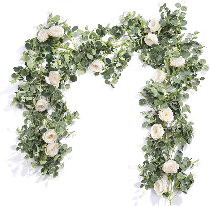 Der Rose 2 Pcs 13FT Artificial Flower Garland, White Rose & Eucalyptus Floral Garland, Faux Flower Vine for Wedding Decor ...