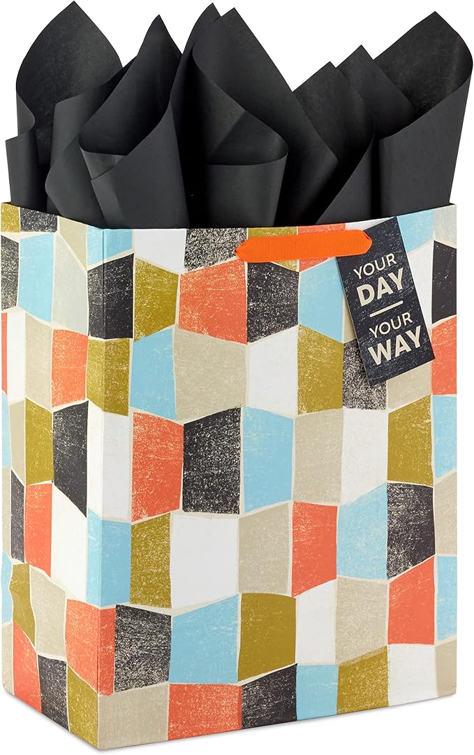 Hallmark Wrap 13" Large Gift Bag with Tissue Paper, 130, Orange, Blue, Green, Black