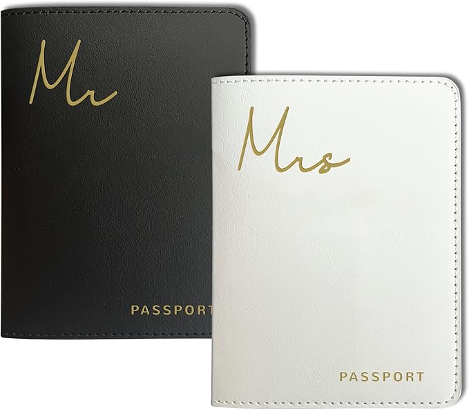 Mr&Mrs Gifts Matching Passport Holders for Mr and Mrs, Gold Foil Logo, Dual PU Leather with Card Pockets, Honeymoon Travel...