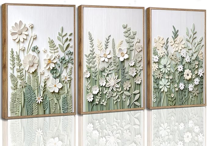 3 Pcs Sage Green Wildflowers Canvas Wall Art Neutral Minimalist Abstract Boho Floral Botanical Painting Pictures Wall Deco...