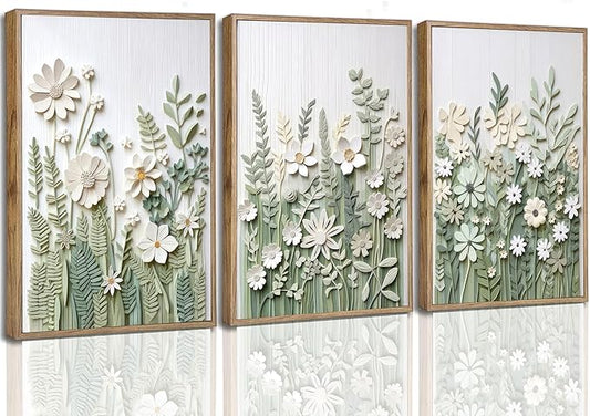 3 Pcs Sage Green Wildflowers Canvas Wall Art Neutral Minimalist Abstract Boho Floral Botanical Painting Pictures Wall Deco...