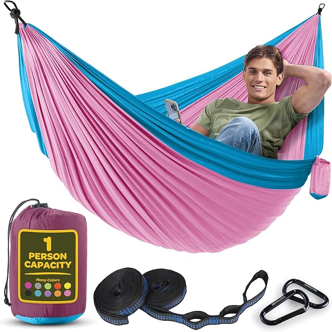 Durable Hammock 400 lb Capacity, Nylon Camping Hammock Chair - Double or Single Sizes w/Tree Straps and Attached Carry Bag...