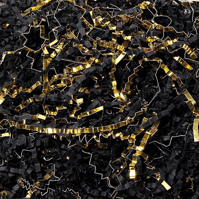 Mefleet 1/2 LB Crinkle Cut Paper Shred Filler 8 oz Black & Gold Crinkle Shredded Paper for Gift Box - Gift Basket Bag Fill...