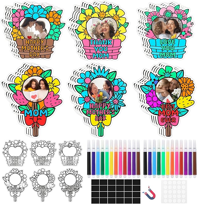 24 Set Mothers Day Crafts Picture Frame Fridge Magnet with Paint Pen Magnet, Mothers Day DIY Art Paper Flower Decorations ...