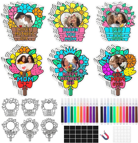 24 Set Mothers Day Crafts Picture Frame Fridge Magnet with Paint Pen Magnet, Mothers Day DIY Art Paper Flower Decorations ...