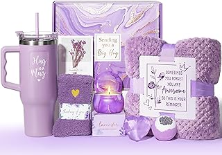 Birthday Gifts for Women Self Care Get Well Soon Gifts, Lavender Relaxing Spa Bath Gift Basket Care Package w/ Flannel Bla...