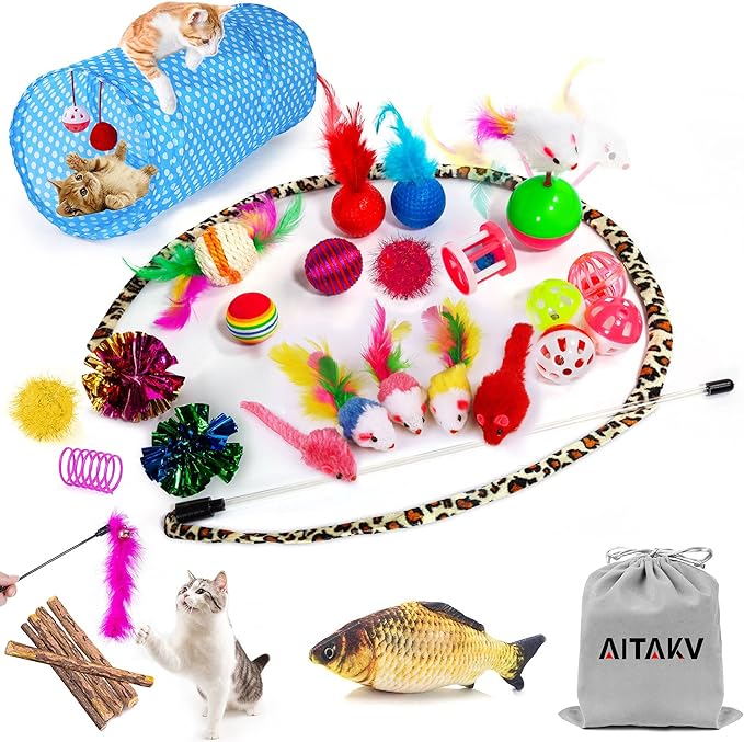 AILUKI 35 PCS Cat Toys Kitten Toys Assortments,Variety Catnip Toy Set Including 2 Way Tunnel,Cat Feather Teaser,Catnip Fis...