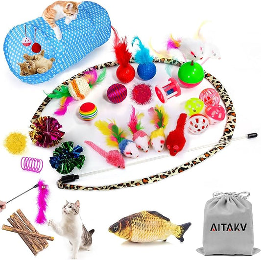 AILUKI 35 PCS Cat Toys Kitten Toys Assortments,Variety Catnip Toy Set Including 2 Way Tunnel,Cat Feather Teaser,Catnip Fis...