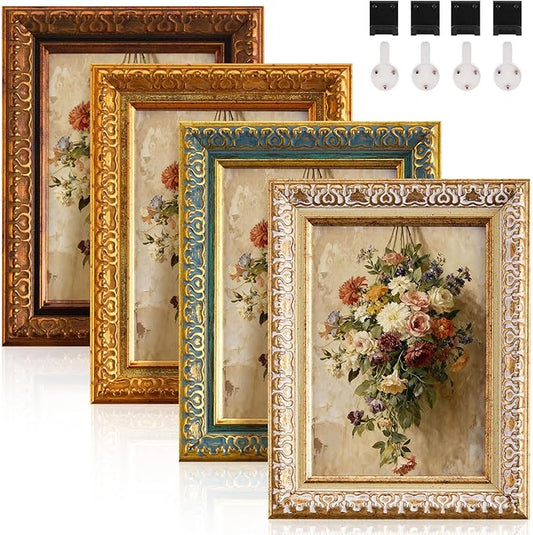 Fiwochic 4 Pack Ornate Vintage Picture Frame Sets, 5 x 7 Inch Ornate Vintage Photo Frame with HD Plastic Cover for Wall or...