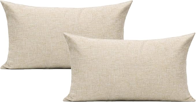 All Smiles Lumbar Throw Pillow Covers 12x20 Set of 2 Linen Beige Rectangle Pillow Cases Burlap Oblong Cushion Farmhouse Ne...