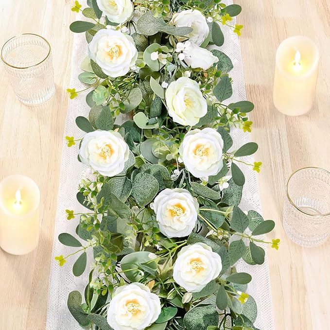 ASTRYAS 2 Pack 6.23Ft Artificial Eucalyptus Garland with Flowers, Fake Rose Garland Greenery Garlands Floral Vines for Wed...