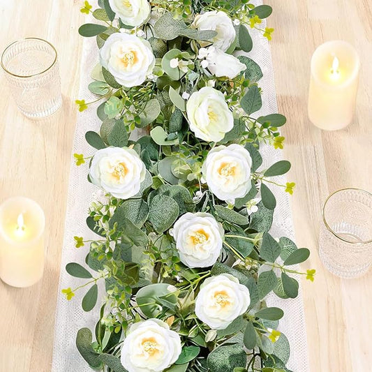 ASTRYAS 2 Pack 6.23Ft Artificial Eucalyptus Garland with Flowers, Fake Rose Garland Greenery Garlands Floral Vines for Wed...