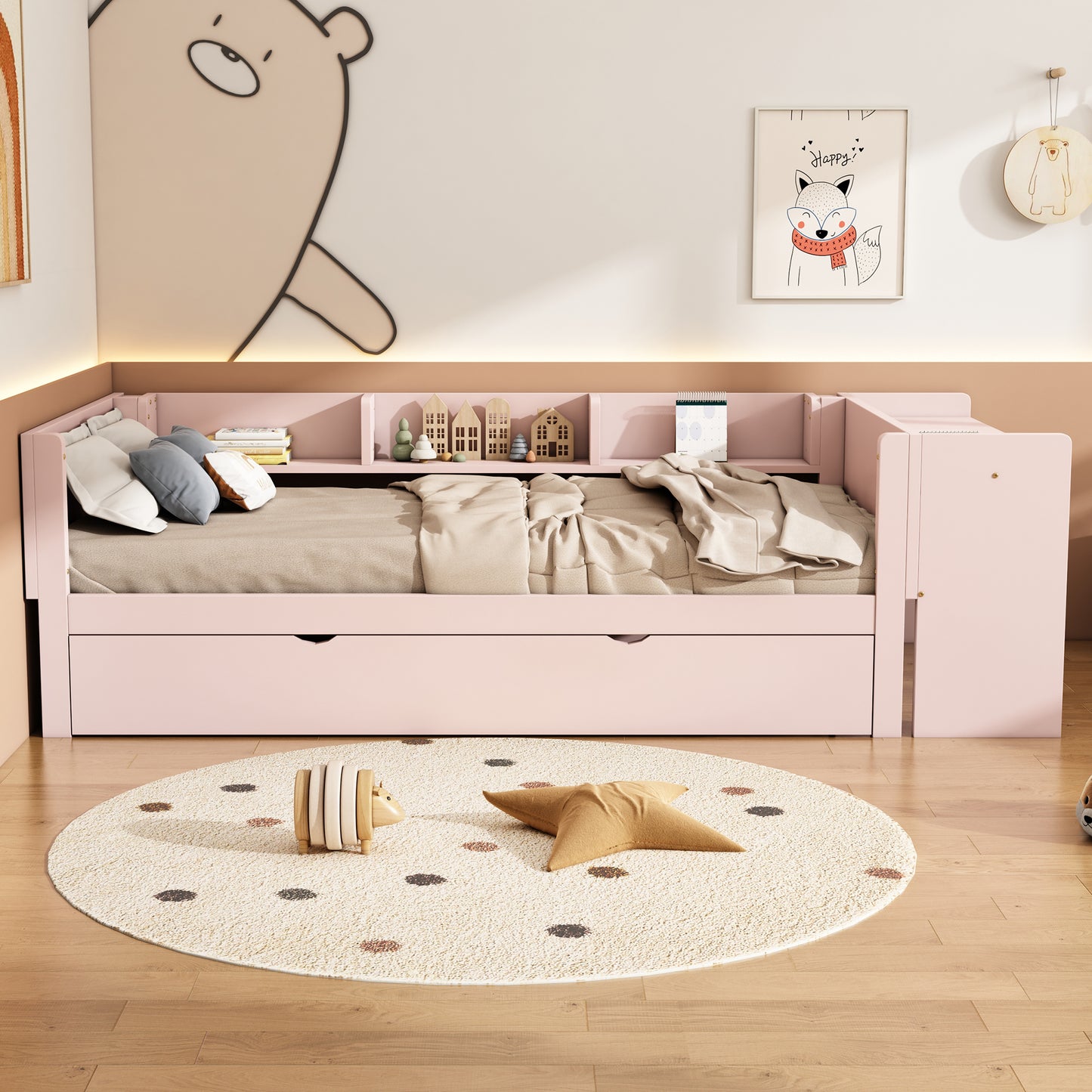 90x200cm, Flat Bed, With Pull-out Bed, With Desk, Three Shelves On The Side Of The Bed, P Ink
