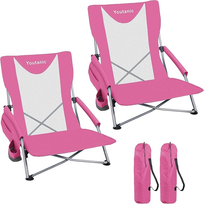 Youtanic Portable Beach Chair 2-Pack, 400 lbs Folding Camping Chair, Lightweight Low Profile Lawn Chair with Wide Seat, Cu...