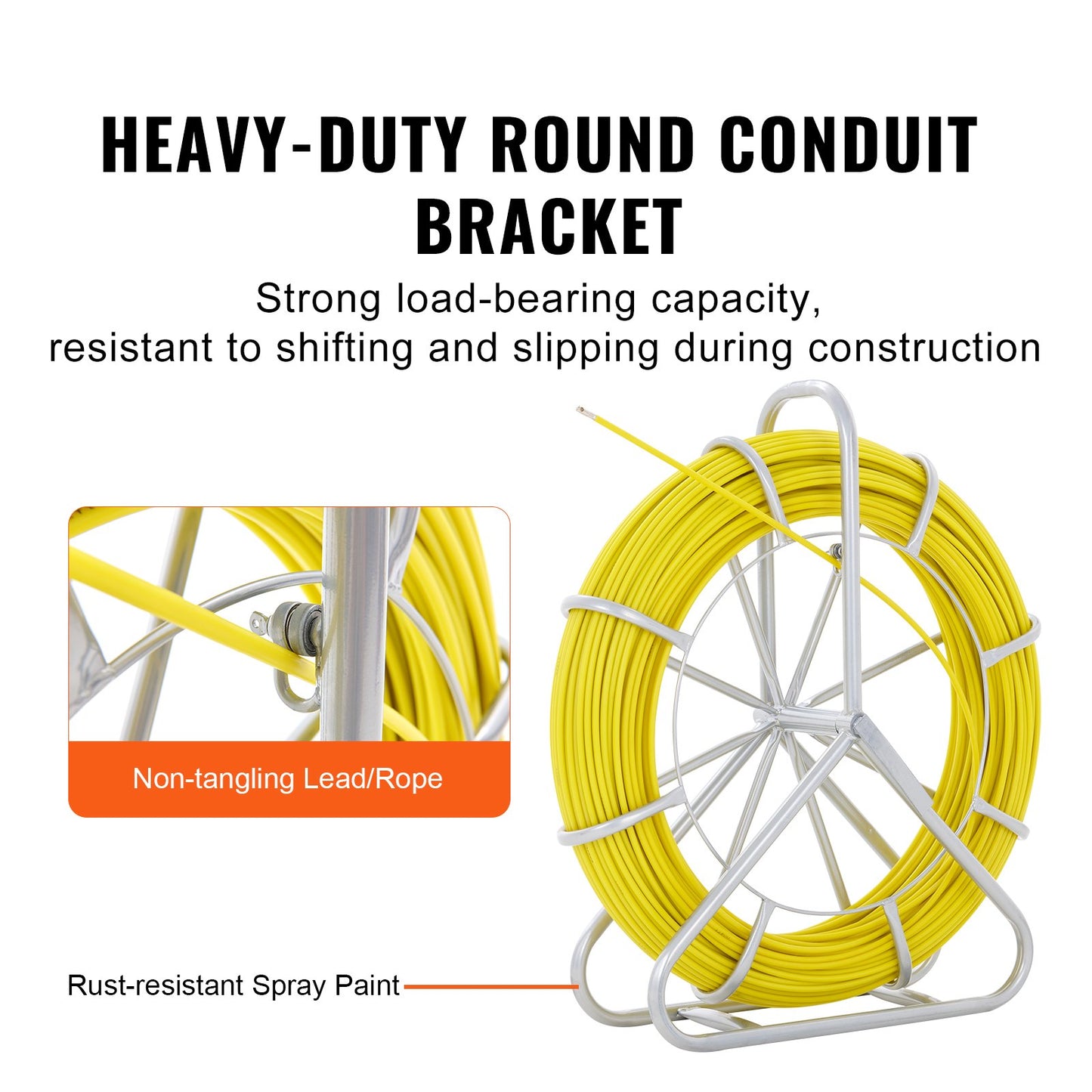 Fish Tape Fiberglass, 656 Ft, 1/4 Inch, Duct Rodder Fishtape Wire Puller, Cable Running Rod With Steel Reel Stand, 3 Pulling Heads, Fishing Tools For Walls And Electrical Conduit, Non-Conductive