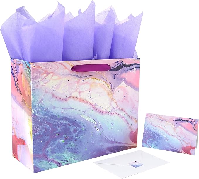 13" Large Purple and Red Gift Bag Set with Greeting Card and Tissue Paper(Marble Design) for Celebrating Birthdays, Mothe...