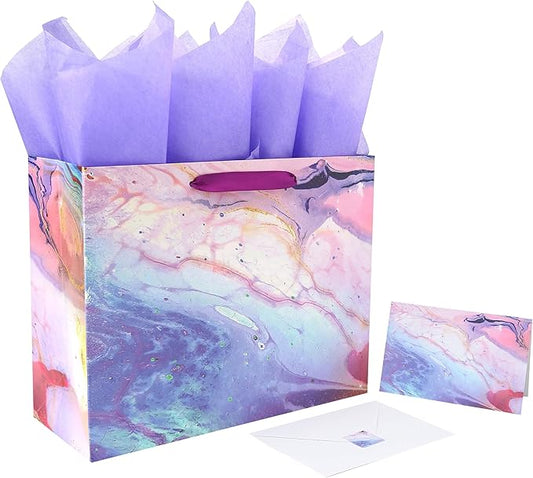 13" Large Purple and Red Gift Bag Set with Greeting Card and Tissue Paper(Marble Design) for Celebrating Birthdays, Mothe...
