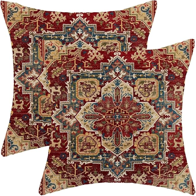 BETGINY Boho Pillow Covers 20 x 20 Inch Pack of 2, Burgundy Red Bohemian Rug Carpet Pattern Decorative Throw Pillow Cases ...