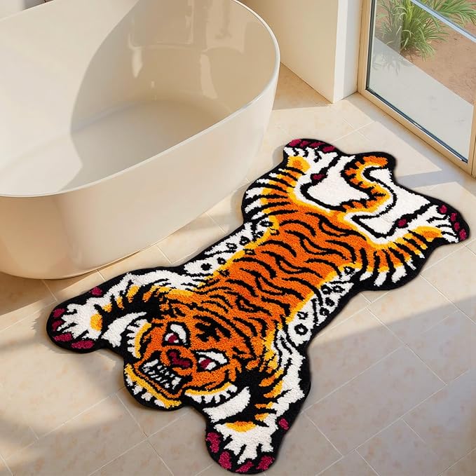 Naoloture Orange Tibetan Tiger Bath Mat Bathroom Rug Non Slip, Ultra Soft Plush Tufted Cute Bathroom Mat Cool Animal Funky...