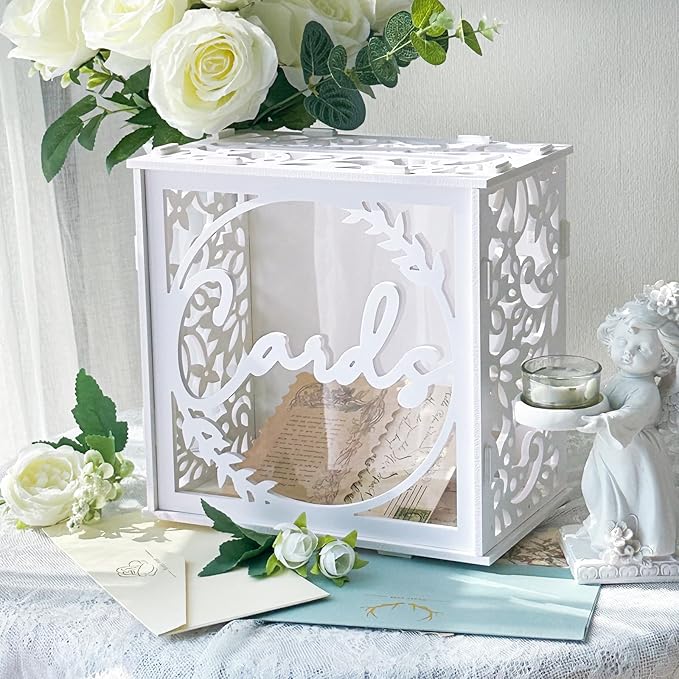 OurWarm White Wedding Card Box for Receptions, PVC Gift Card Box for Wedding with Acrylic Windows, Rustic Envelope Money G...