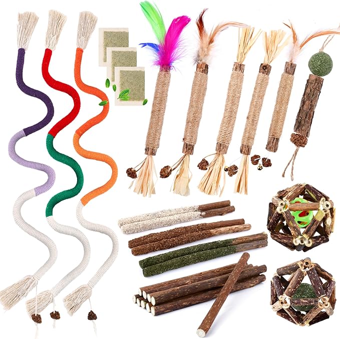 WOUSEDO 27 Pack Catnip Chew Toys for Cats,Cotton Sisal Rope Toys,Cat Natural Silvervine Sticks,for Cat Teeth Cleaning and ...