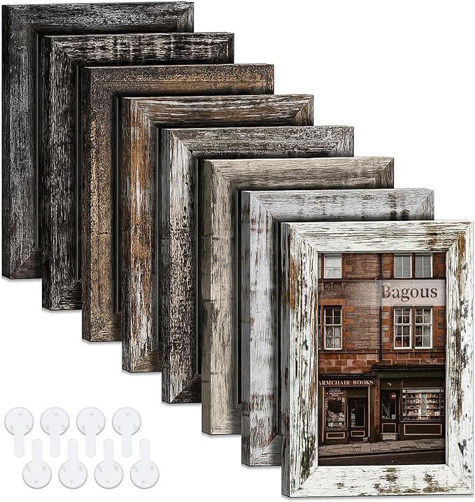 Bagous 4x6 Picture Frames Set of 8, Vintage Rustic Farmhouse Industrial Style Photo Frames, High Definition Real Glass, fo...