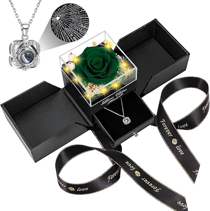 Lebana Preserved Blackish Green Real Rose with Heart I Love You Necklace -Eternal Flowers Rose Birthday Gifts for Women He...