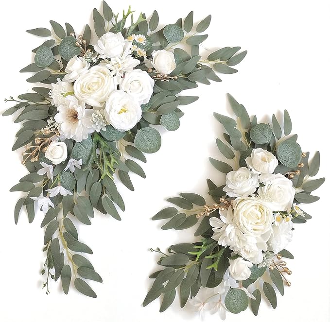 Piklado Faux Arch Flower Swag Set of 2 for Wedding Welcome Signs Floral Swag Wedding Reception Ceremony Signs Decor (White)