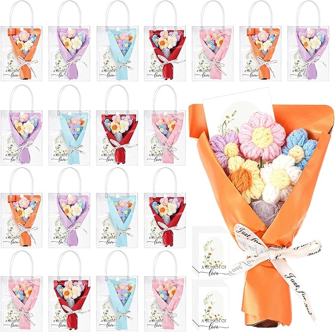 Solsew 20 Sets Crochet Flowers Bouquet for Mom Grandma Lady Women Handmade Knitted Artificial Flowers with Sunflower a Bun...