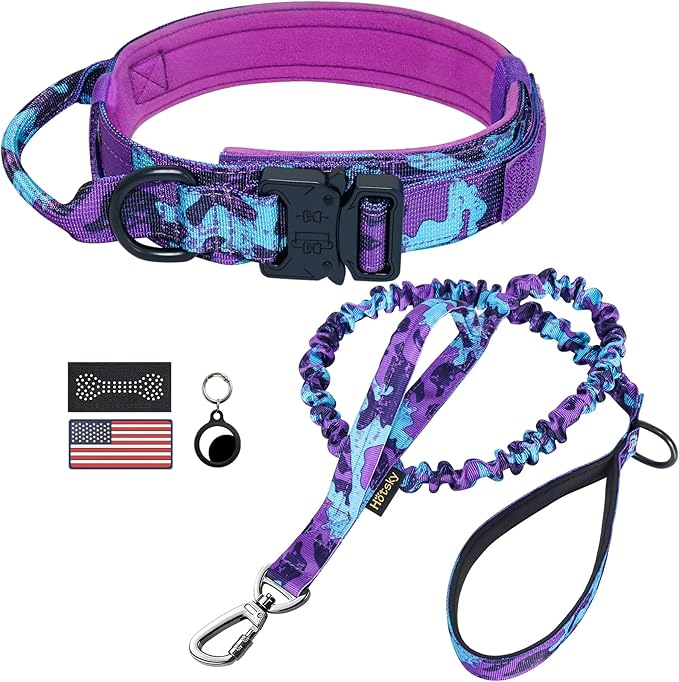 Hotsky Tactical Dog Collar and Leash Set, Heavy Duty Military Airtag Dog Collar with Handle and Metal Buckle for Training ...