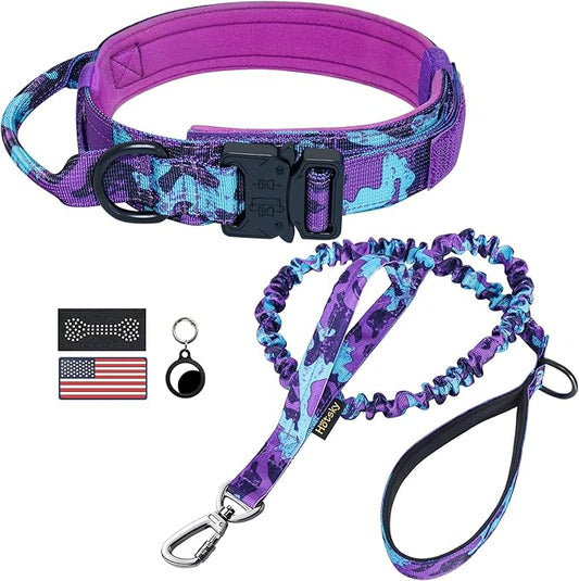 Hotsky Tactical Dog Collar and Leash Set, Heavy Duty Military Airtag Dog Collar with Handle and Metal Buckle for Training ...