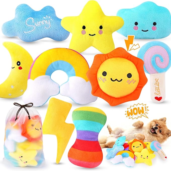 KIPRITII Whimsical Squeaky Dog Toys for Small Dogs & Puppies – Plush Toys Pack with Storage Bag, 9 Pcs Stuffed Puppy Chew ...