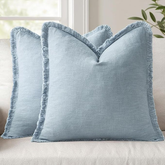 ANRODUO Set of 2 Decorative Throw Pillow Covers 20×20 Inch Soft Linen Fringe Farmhouse Boho Vintage Cushion Covers with Ta...