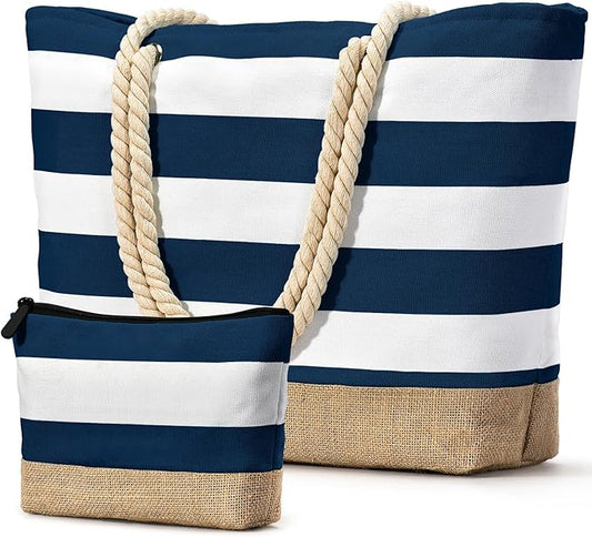 Becokan Beach Bag Initial Beach Tote with Makeup Bag for Travel Work Storage Personalized Birthday Gifts for Women Her