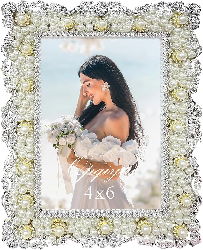 QPQIYIY 4x6 Pearl Picture Frame with Tempered Glass, Elegant Jewel Photo Frame with Rhinestones for Home Decor Tabletop Ho...