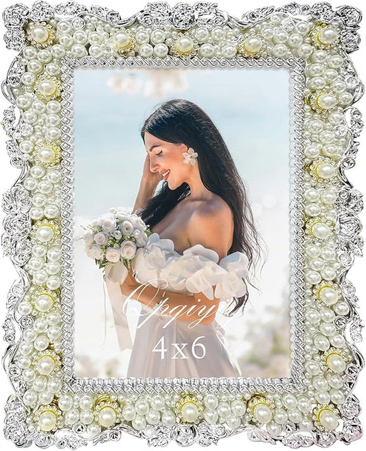 QPQIYIY 4x6 Pearl Picture Frame with Tempered Glass, Elegant Jewel Photo Frame with Rhinestones for Home Decor Tabletop Ho...