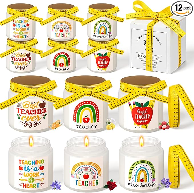 Lyrow 12 Pcs Teacher Appreciation Candles Gifts Set Best Teachers Gifts for Women and Men Include Ruler-Style Ribbon 3.5 o...