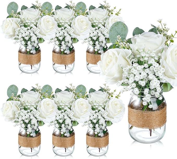 Yuxung 43 Pcs/ 6 Set Rose Mason Jar Table Centerpiece Mason Jar Vases Faux Floral with Rope Boho Rustic Flower Table Decor...