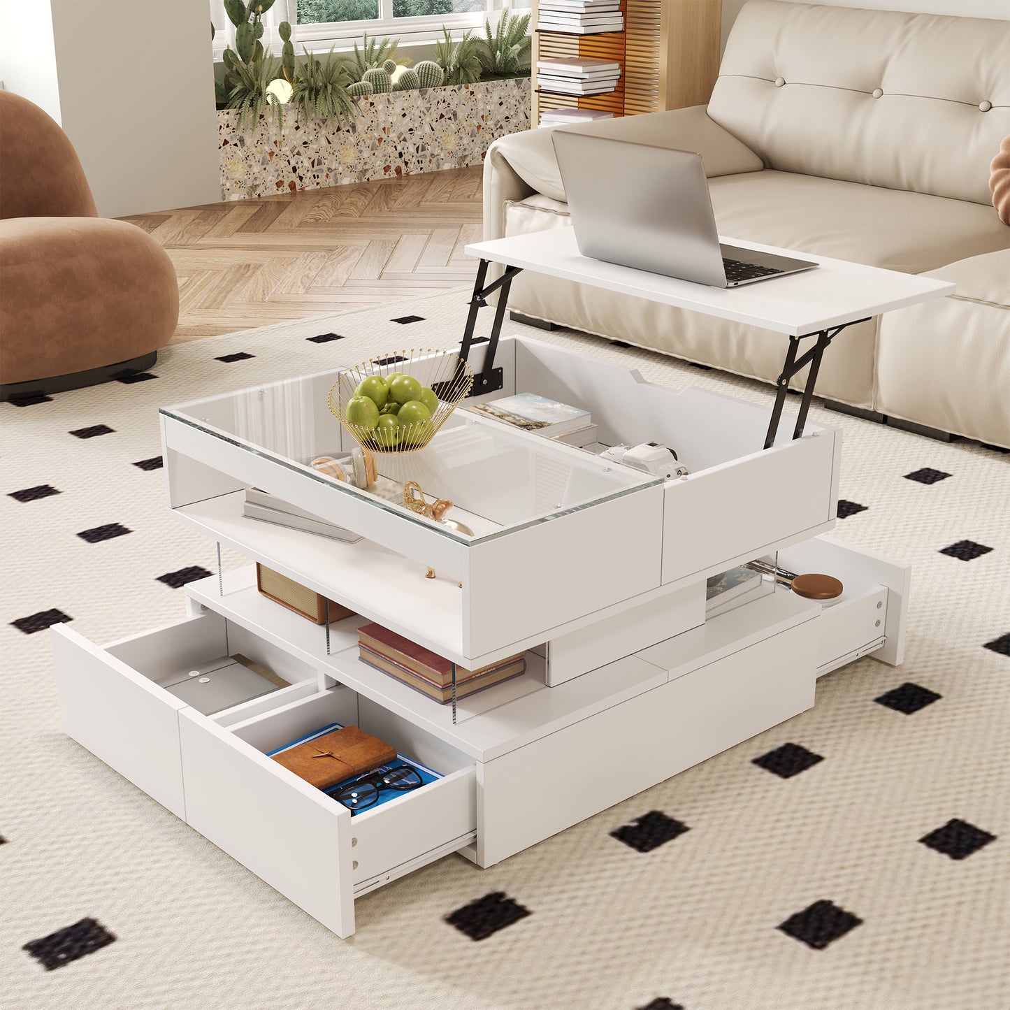 Height-adjustable Coffee Table For The Living Room With 16-color Lighting, Glass Top And Acrylic Supports.