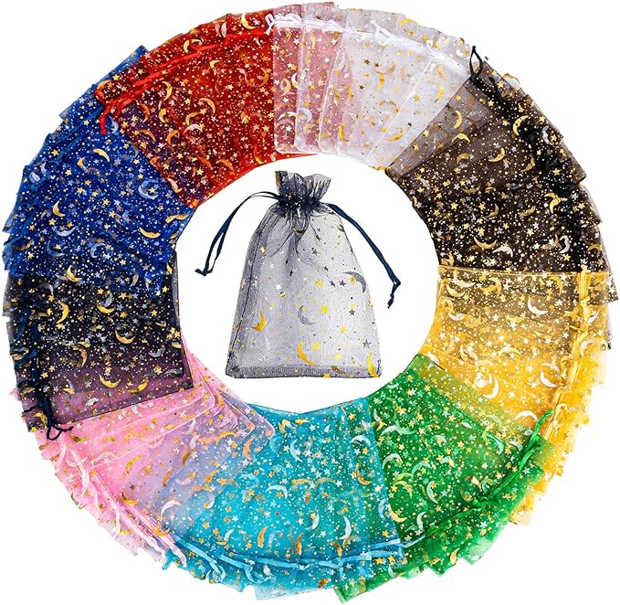 Sukh 100pcs Organza Bags - 4"X6" Moon Star Small Gift Bags Bulk Party Favor Mesh Drawstring Goodie Wrap Pouch Candy Jewelr...