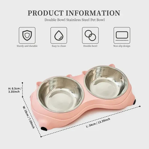 Anti Slip Base Double Cat Food Bowl, Pink Stainless Steel Food And Water Bowl, Easy To Clean And Detachable Design, Cat And Dog Pet Feeder