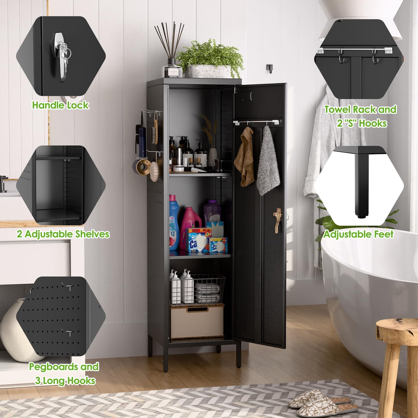 SUPEER Lockable Metal Lockers With Handle,Metal Storage Locker With 2 Pegboard & 5 Hooks For Home,Office,School,54.45inch H X 15inch W X 15inch D,Black,Required Assembly
