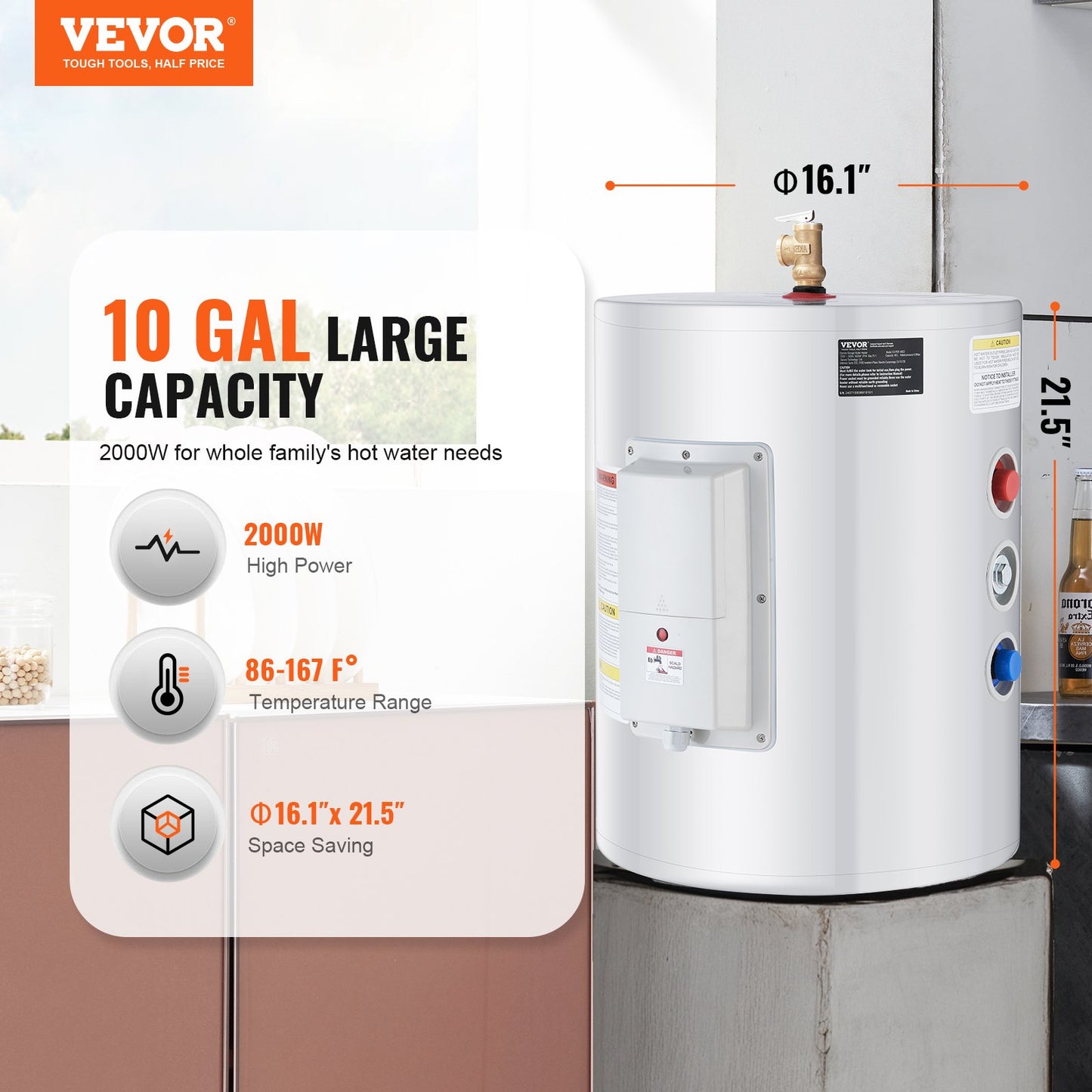 Electric Water Heater, 10 Gallon Tank Instant Hot Water Heater, 1.6Kw Tankless Water Heater W LED Display,Knob Control, IPX4 Waterproof Side Connection On Demand Heaters For Shower, Bath