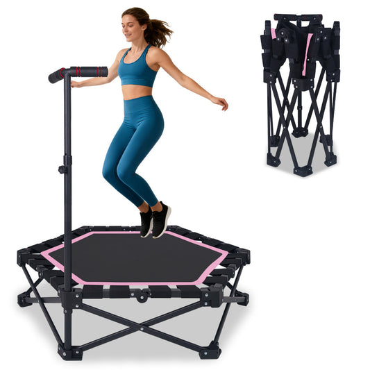 42" Foldable Mini Trampoline, One-Step Fold & Open, Rebounder Trampoline for Adults, 330lbs Max Load, 3-Level Adjustable T-Bar, Indoor & Outdoor Workout Pink